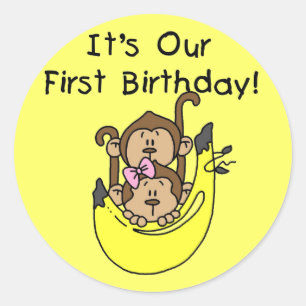 Twins - Boy and Girl Monkey 1st Birthday Classic Round Sticker