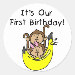 Twins - Boy and Girl Monkey 1st Birthday Classic Round Sticker