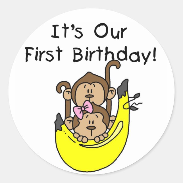 Twins - Boy and Girl Monkey 1st Birthday Classic Round Sticker (Front)
