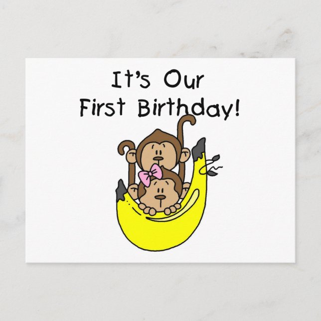 Twins - Boy and Girl Monkey 1st Birthday Postcard (Front)