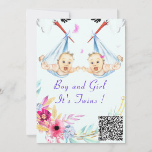 Twins Boy and Girl QR Code Baby Shower Invitation