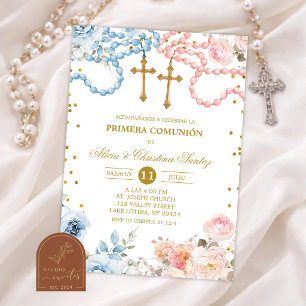 Twins Boy and Girl Rosary Spanish Primera Comunion Invitation