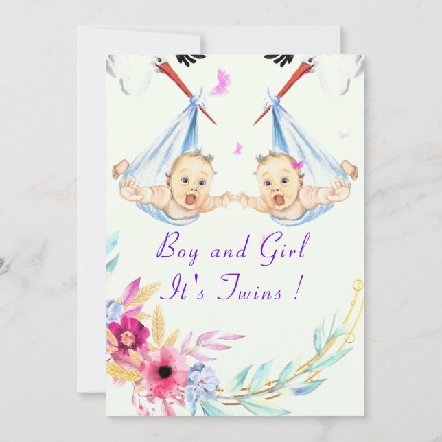 Twins Boy and Girl Stork Baby Shower Invitation (Back)