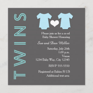 TWINS Boy Blue Twin Baby Shower Party Invitation