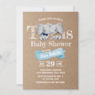 Twins Boy Cute Elephant Rustic Kraft Baby Shower Invitation