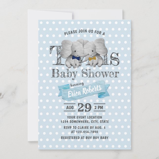 Twins Boy Elephant Blue Polka Dots Baby Shower Invitation (Front)