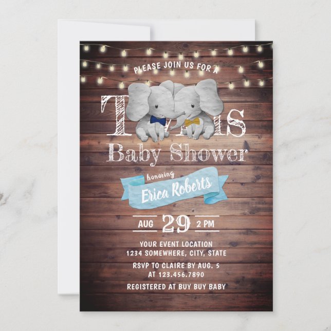 Twins Boy Elephant Rustic Barn Baby Shower Invitation (Front)