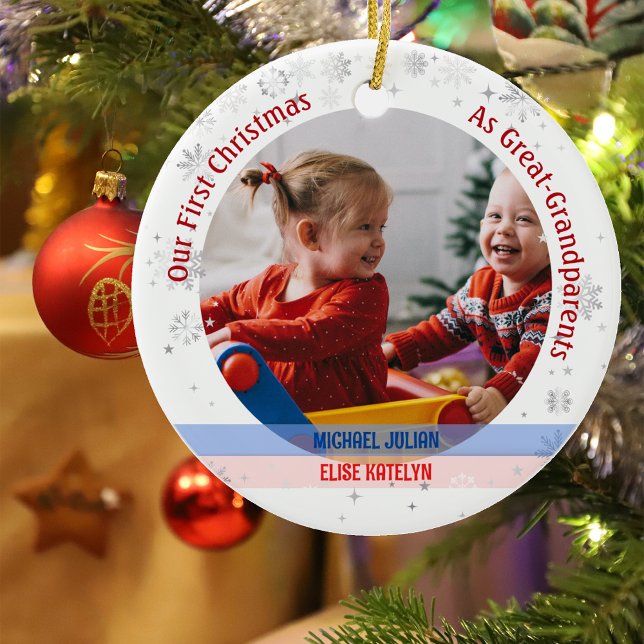 Twins Boy Girl 1st Xmas Great-Grandparents Photos Ceramic Tree Decoration (Our First Christmas as Great-Greatparents of Twin Boy and Girl. Snowflakes. Cute Swaddled Babies)