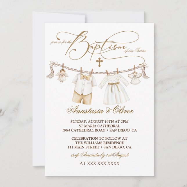 Twins Boy & Girl Baptism Christening Boho Invitation (Front)