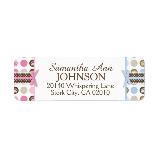 Twins Boy & Girl Bear Paw Print with 3D-look Bows Return Address Label