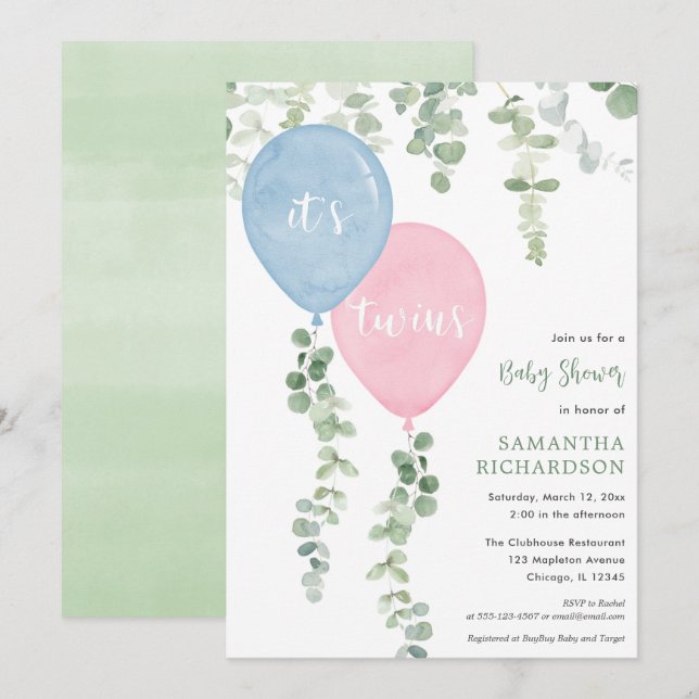 Twins boy girl blue pink balloons baby shower invitation (Front/Back)