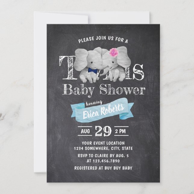 Twins Boy & Girl Cute Elephant Rustic Baby Shower Invitation (Front)