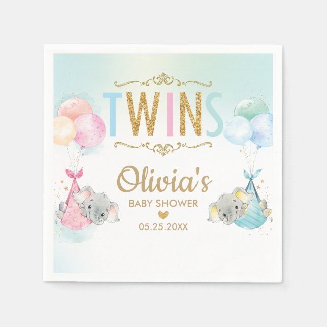 Twins Boy Girl Elephant Balloons Baby Shower Napkin (Front)