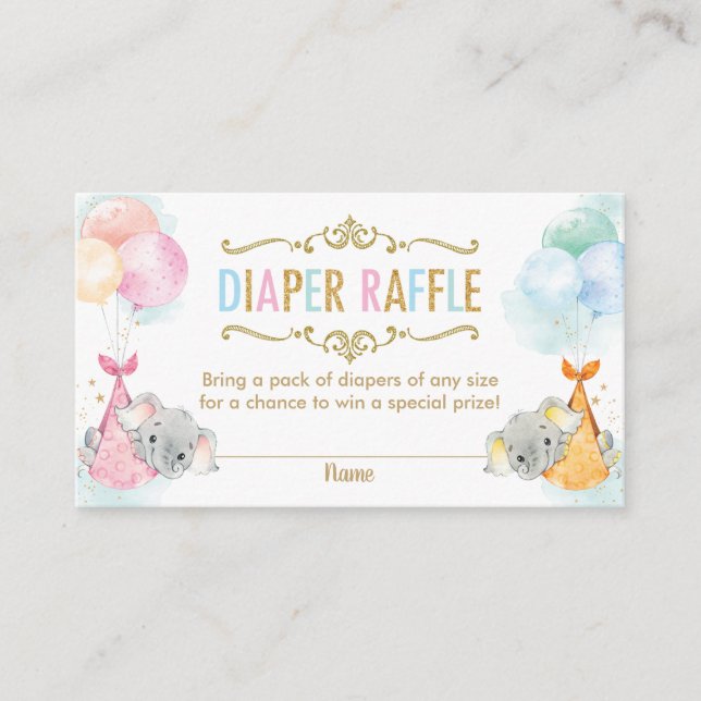 Twins Boy Girl Elephant Diaper Raffle Ticket Enclosure Card (Front)