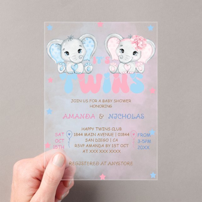 Twins Boy Girl Elephants Baby Shower Acrylic Invitations (Insitu (Handheld))