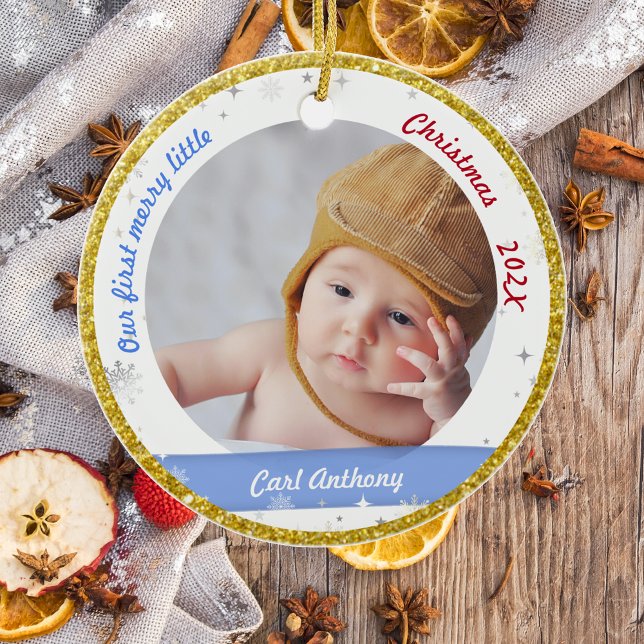 Twins Boy Girl Photos First Merry Little Christmas Ceramic Tree Decoration (Modern Elegant Cute Our First Merry Little Christmas Twin Baby Boys 2 Photos Snowflakes Golden Frame)