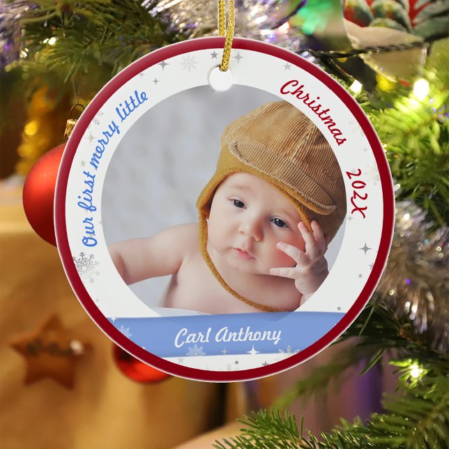 Twins Boy Girl Photos First Merry Little Christmas Ceramic Tree Decoration (Modern Elegant Cute Our First Merry Little Christmas Twins Boy Girl 2 Photos Snowflakes Red Frame)