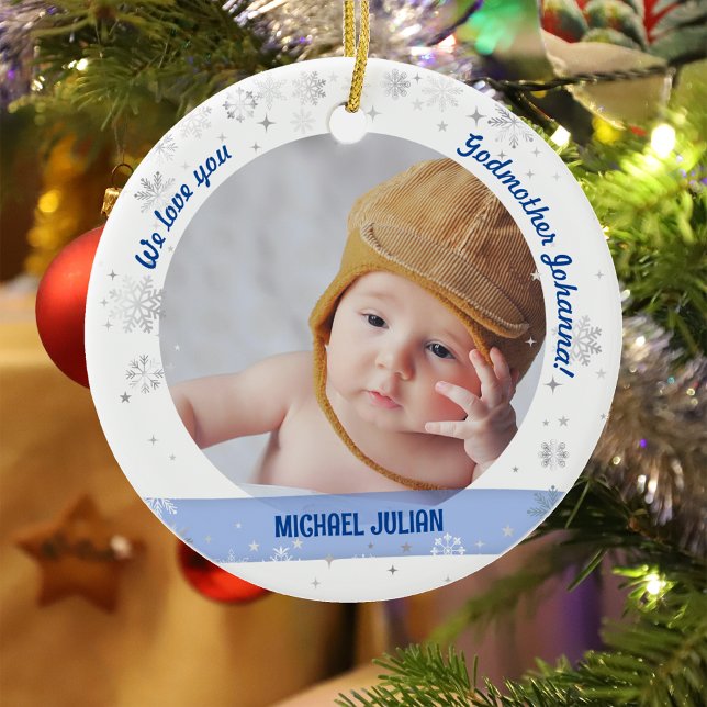 Twins Boy Girl Photos Godmother 1st Christmas Baby Ceramic Tree Decoration (Modern Elegant Cute We love you Godmother Our First Christmas Twin Babies Boy Girl Snowflakes Stars)