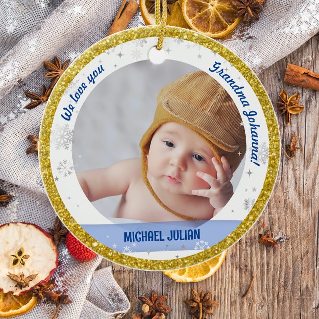 Twins Boy Girl Photos Grandma First Christmas Baby Ceramic Tree Decoration (Modern, Elegant, Cute We love you, Grandma First Christmas Twin Babies Boy Girl Snowflakes Golden)