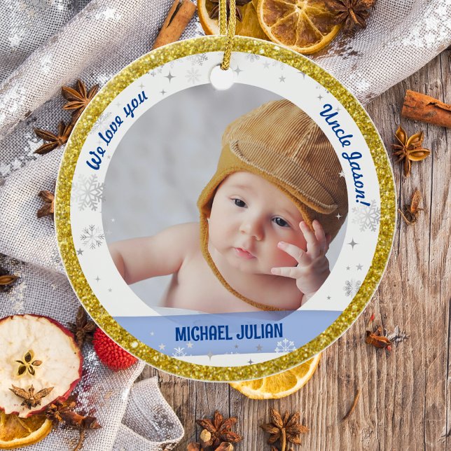 Twins Boy Girl Photos Uncle First Christmas Baby Ceramic Tree Decoration (Modern, Elegant, Cute We love you, Uncle First Christmas Twin Babies Boy Girl Snowflakes Golden)