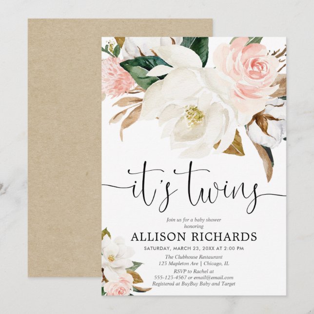 Twins boy girl white pink rustic baby shower invitation (Front/Back)