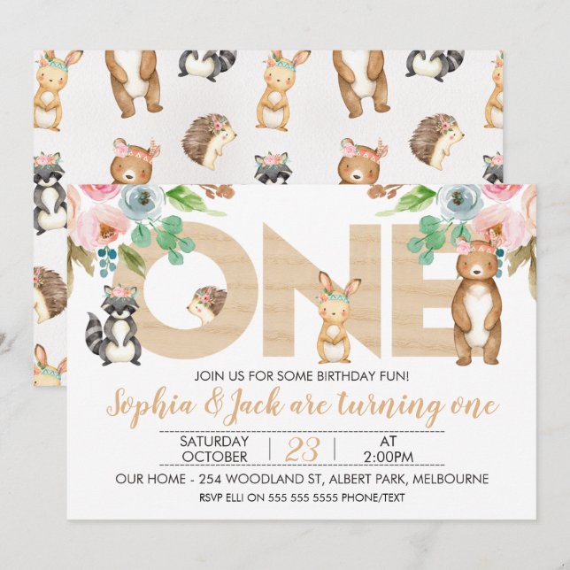 Twins Boy Girl Woodland 1st Birthday Invitation (Front/Back)