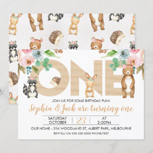 Twins Boy Girl Woodland 1st Birthday Invitation