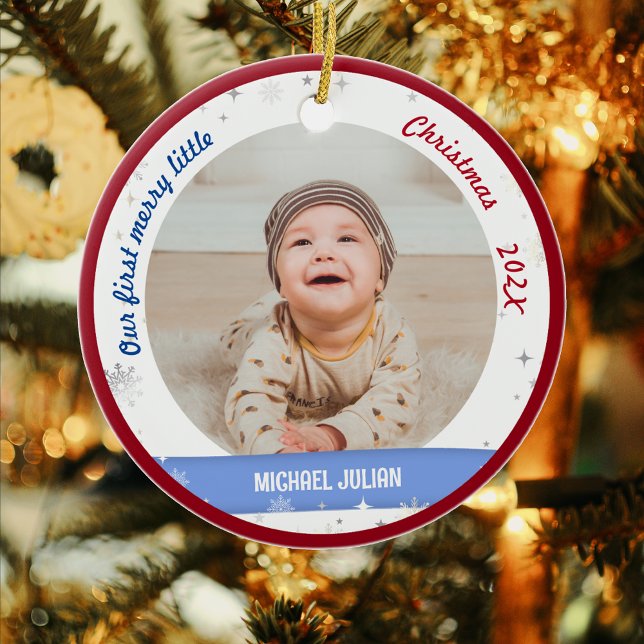 Twins Boys 2 Photos First Merry Little Christmas Ceramic Tree Decoration (Cute Modern Elegant Personalized Our First Merry Little Christmas Twin Baby Boys 2 Photos Snowflakes)