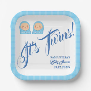 Twins Boys Baby Shower Party Blue.  Paper Plate
