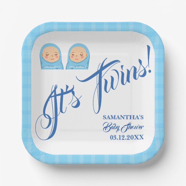 Twins Boys Baby Shower Party Blue.  Paper Plate (Front)