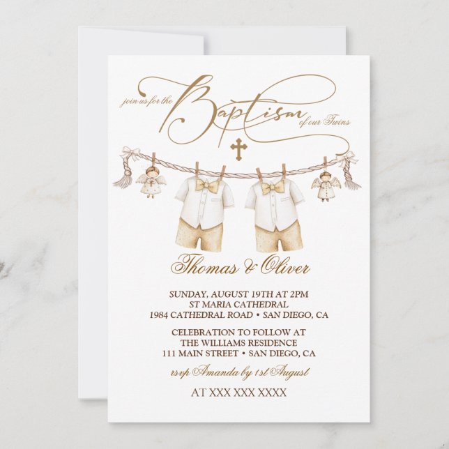 Twins Boys Baptism Christening Invitation (Front)