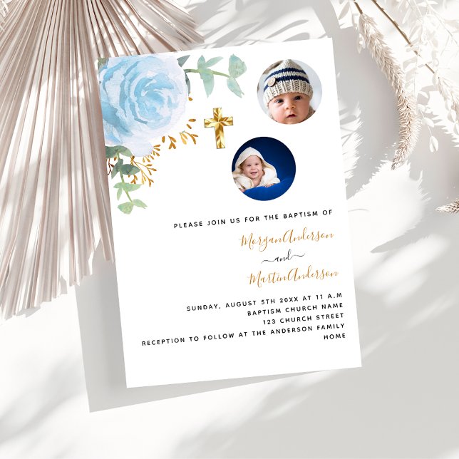Twins boys blue floral photo baptism invitation (Creator Uploaded)