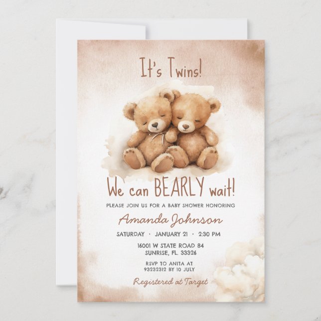 Twins Boys Brown Bear Baby Shower  Invitation (Front)
