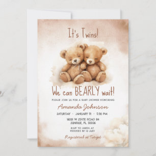 Twins Boys Brown Bear Baby Shower  Invitation