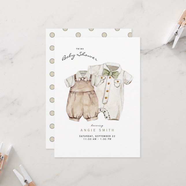 Twins Boys Cute Clothes Baby Shower Invitation (Front/Back In Situ)