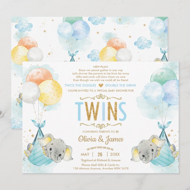 Twins Boys Elephant Virtual Baby Shower by Mail Invitation (Front/Back)