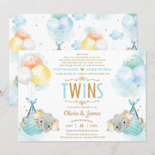 Twins Boys Elephant Virtual Baby Shower by Mail Invitation