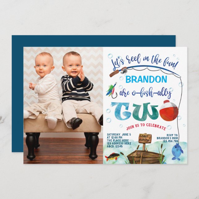 Twins boys little fisherman 2nd birthday photo invitation (Front/Back)