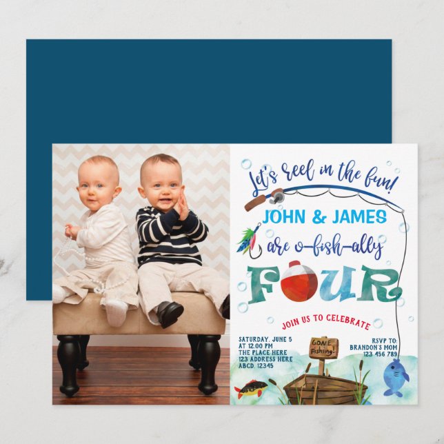 Twins boys little fisherman 4th birthday photo invitation (Front/Back)