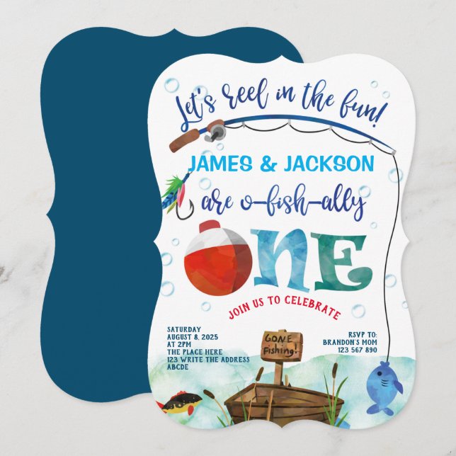 Twins boys little fisherman fishing themed 1st  invitation (Front/Back)