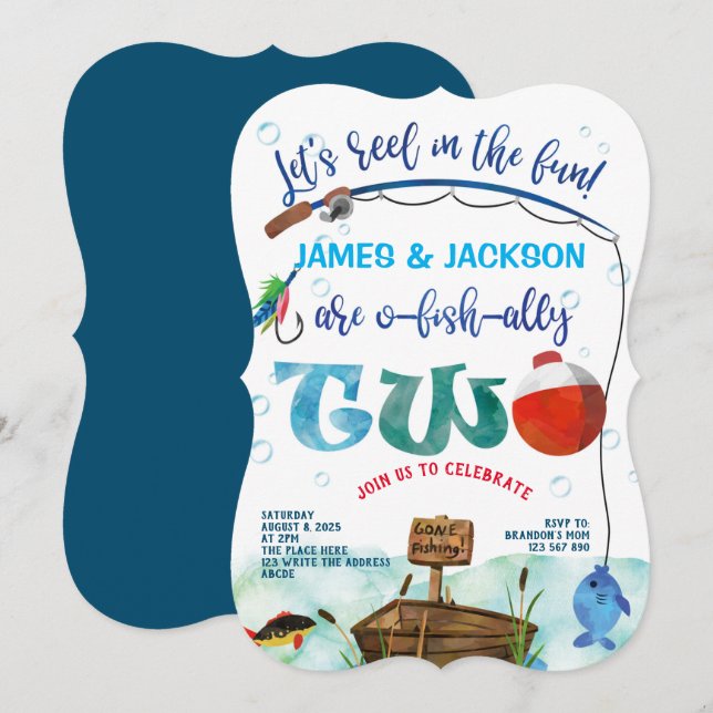 Twins boys little fisherman fishing themed 2nd invitation (Front/Back)