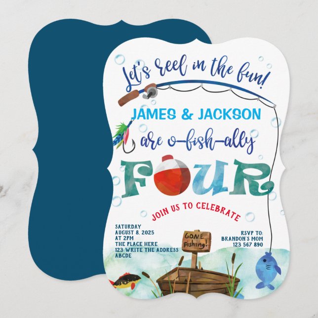 Twins boys little fisherman fishing themed 4th invitation (Front/Back)