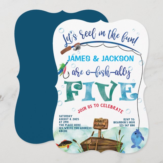 Twins boys little fisherman fishing themed 5th invitation (Front/Back)