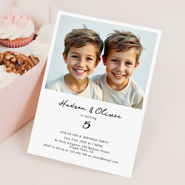 Twins Boys Minimalist Modern Birthday Party Photo Invitation (Creator Uploaded)