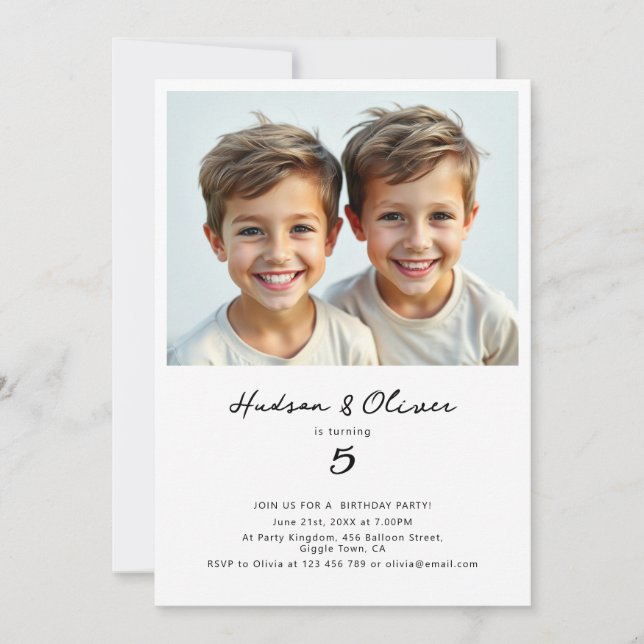 Twins Boys Minimalist Modern Birthday Party Photo Invitation (Front)