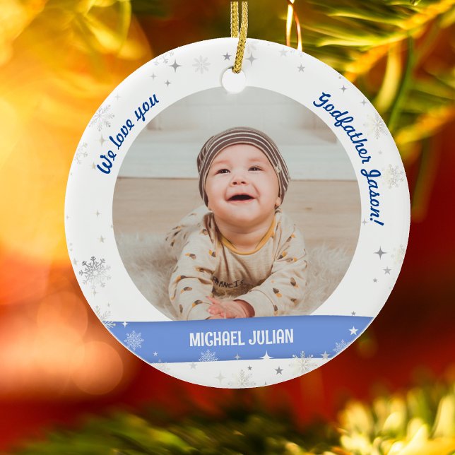Twins Boys Photos Godfather First Christmas Baby Ceramic Tree Decoration (Modern, Cute, Elegant We love you, Godfather! First Christmas Twin Baby Girls. 2 Photos. Snowflakes)