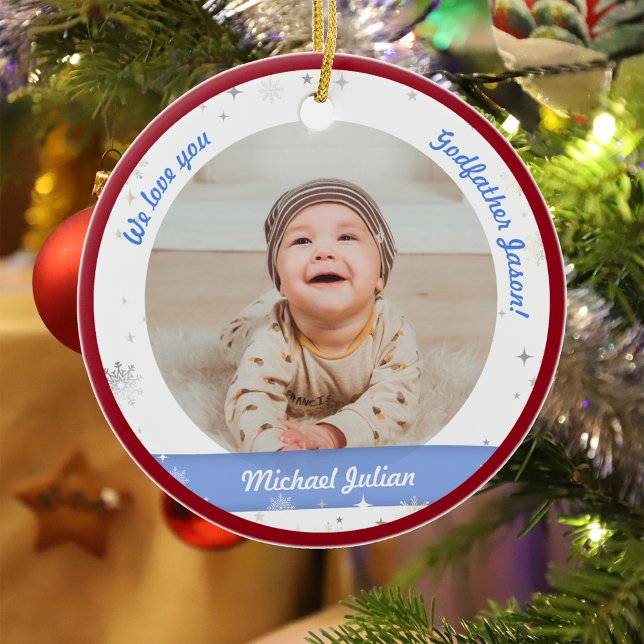 Twins Boys Photos Godfather First Christmas Baby Ceramic Tree Decoration (Modern Elegant Cute First Christmas Baby Twins Boys We love you Godfather Snowflakes Stars Red Frame)