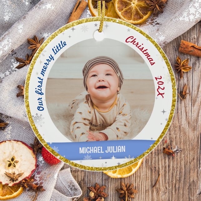 Twins Boys Photos Our First Merry Little Christmas Ceramic Tree Decoration (Modern Elegant Cute Our First Merry Little Christmas Twins Baby Boys 2 Photos Snowflakes Golden )