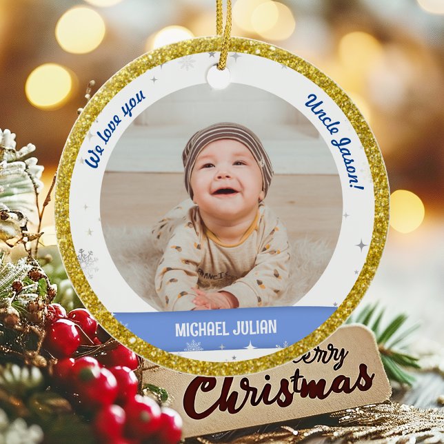 Twins Boys Photos Uncle Cute First Christmas Baby  Ceramic Tree Decoration (Cute Modern Elegant Personalized First Christmas Baby We love You Uncle Twin Boys 2 Photos Golden)