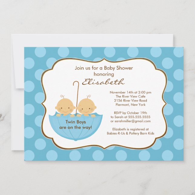 Twins Boys Umbrella Baby Shower Invitation Blue (Front)